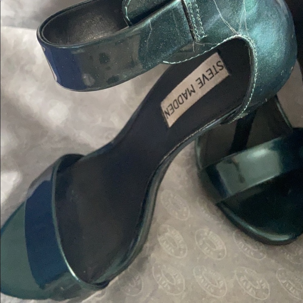 green metallic ankle strap high heels.